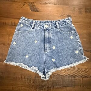 Altar'd State Daisy Embroidered Denim Shorts Frayed Hem High Waist size Small